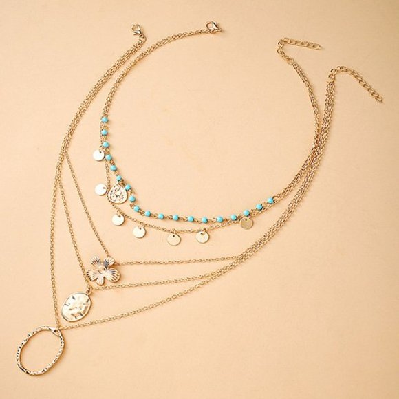 Lady Arya Bohemian Festival Aqua & Gold Floral Necklace Chain Layered Hammered - Picture 11 of 12